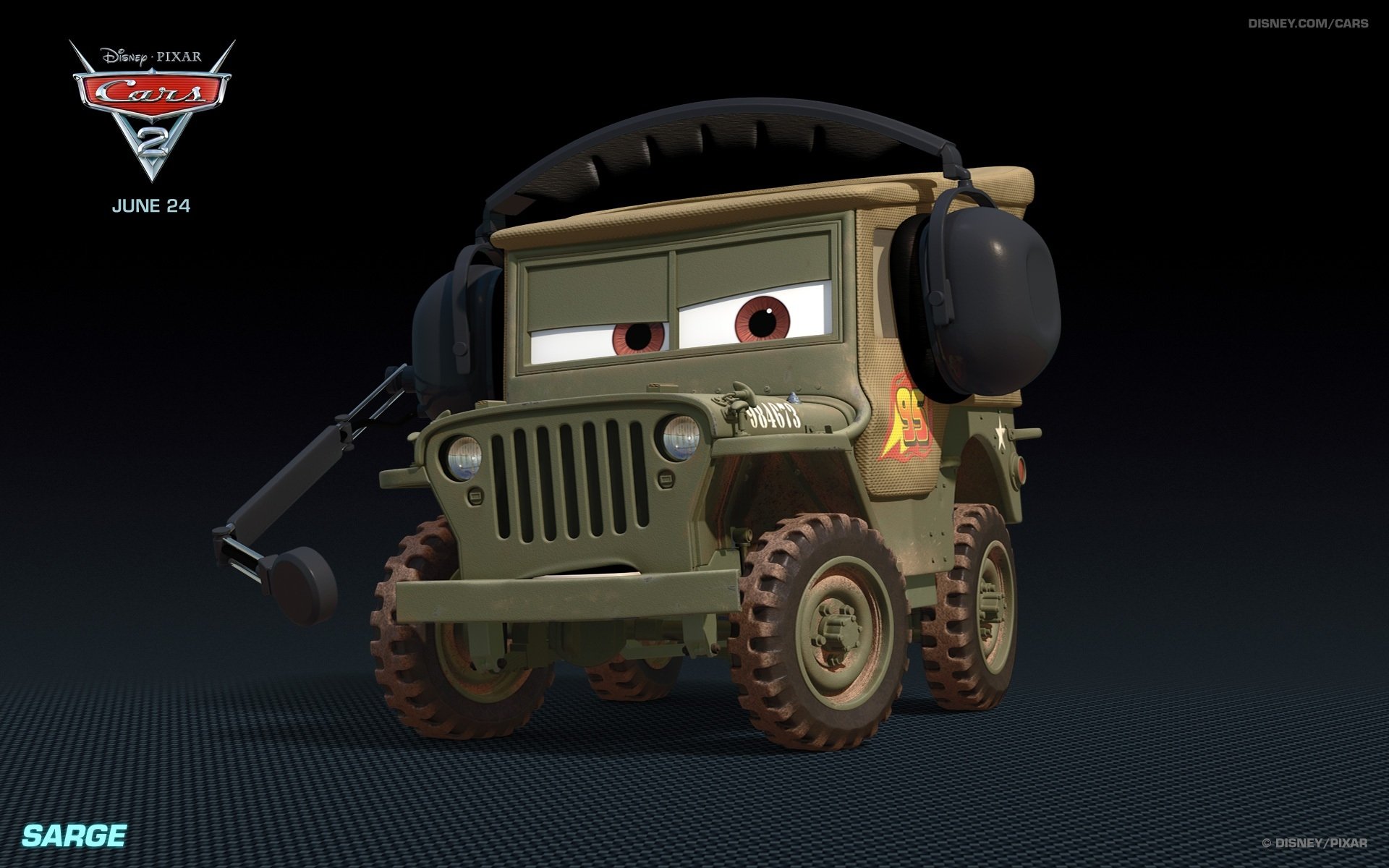 HD PC desktop wallpaper featuring Sarge, the military jeep character from the movie Cars 2, set against a dark background with the Cars 2 logo and release date.