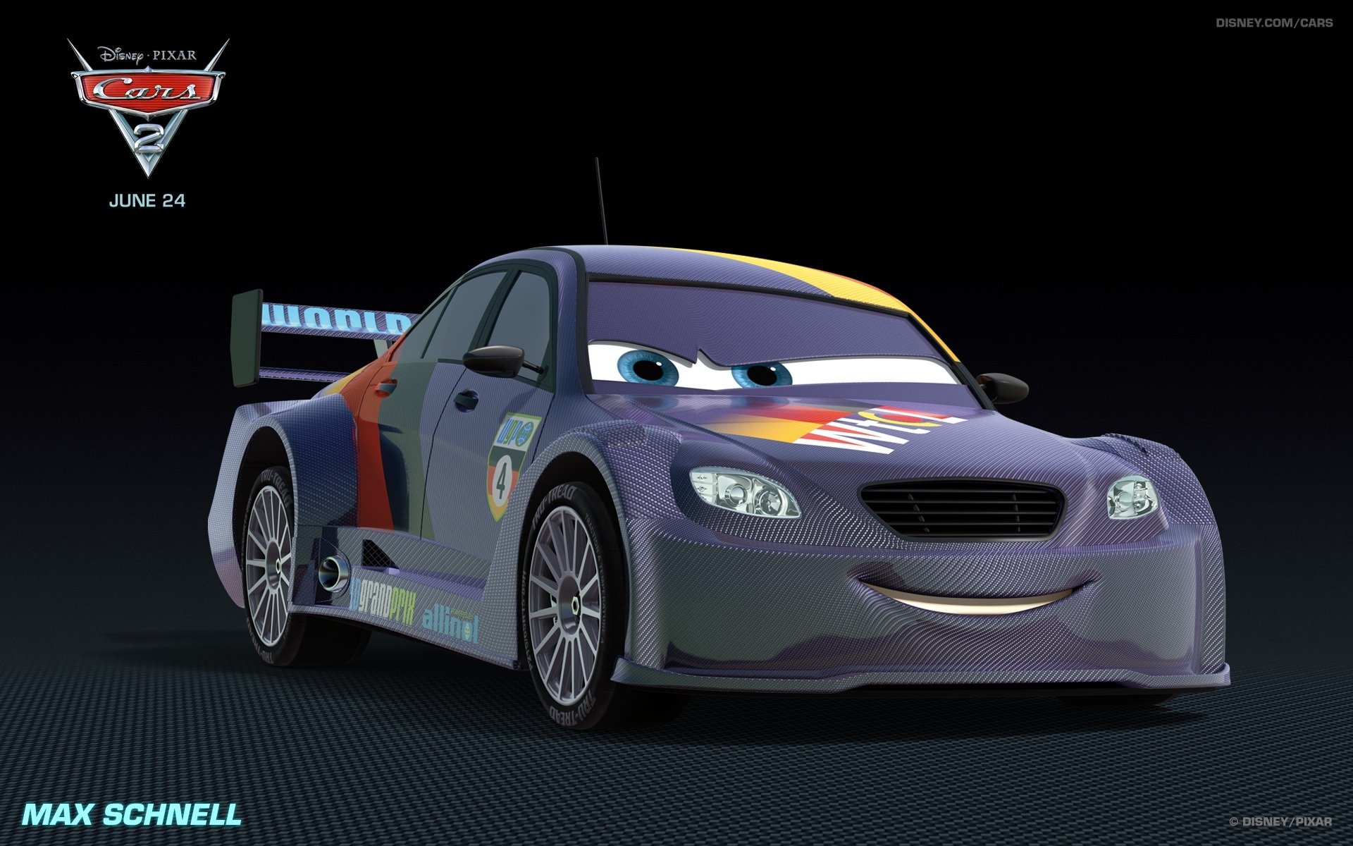 HD PC desktop wallpaper featuring Max Schnell, a character from the movie Cars 2, against a dark background with the Cars 2 logo and release date.