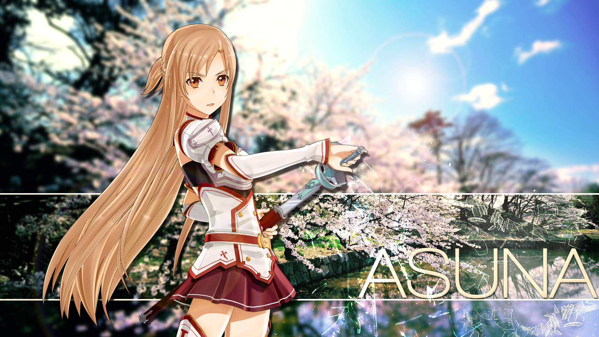 HD desktop wallpaper featuring Asuna Yuuki from Sword Art Online, wielding a sword with a backdrop of Aincrad and cherry blossoms.