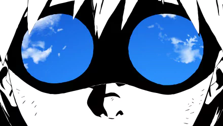 A stylized black and white illustration of Simon from Tengen Toppa Gurren Lagann, featuring vibrant blue skies reflected in his glasses against a minimalist background.