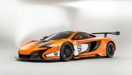 Orange McLaren 650S GT3 supercar in racing livery (#59) on a neutral studio backdrop — 2K Quad HD PC desktop wallpaper/background.