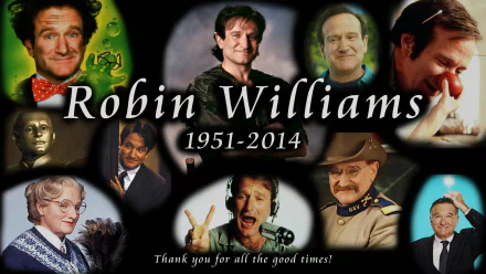 HD desktop wallpaper tribute to Robin Williams, featuring a collage of his various iconic roles and characters.