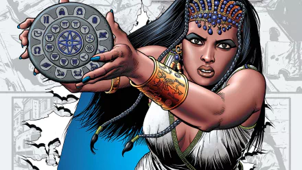 HD PC desktop wallpaper featuring a dynamic comic-style illustration from Dial H, showing a fierce woman holding a detailed, symbolic dial device.