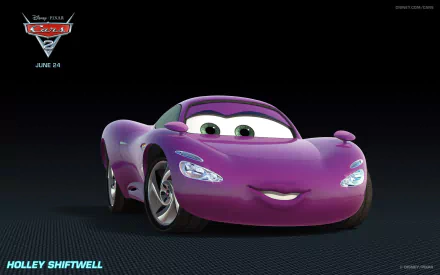 A vibrant HD desktop wallpaper featuring Holley Shiftwell from Disney Pixar's movie Cars 2, showcasing her sleek, purple design against a dark background.