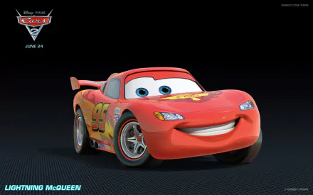 A vibrant HD wallpaper featuring Lightning McQueen, the lovable race car from Pixar's Disney movie Cars 2, showcasing his iconic friendly smile and bright colors.