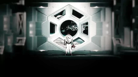 HD wallpaper from Civilization: Beyond Earth, featuring an astronaut before a futuristic space station hatch.