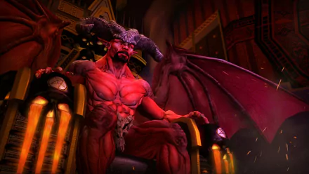 HD PC desktop wallpaper featuring a muscular demon with wings and horns from the video game Saints Row: Gat Out Of Hell, set against a dark, fiery background.