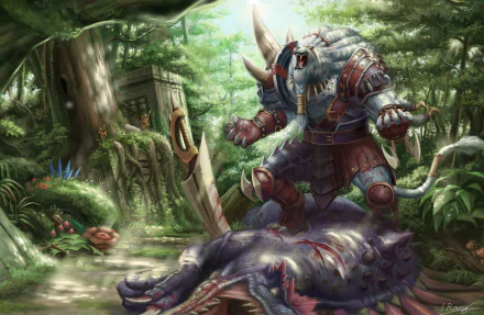 Rengar from League of Legends stands triumphantly over a defeated creature in a vibrant jungle setting, showcasing the game's intense atmosphere in this HD desktop wallpaper.