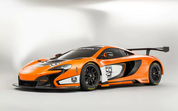 Orange McLaren 650S GT3 supercar in racing livery (#59) on a neutral studio backdrop — 2K Quad HD PC desktop wallpaper/background.