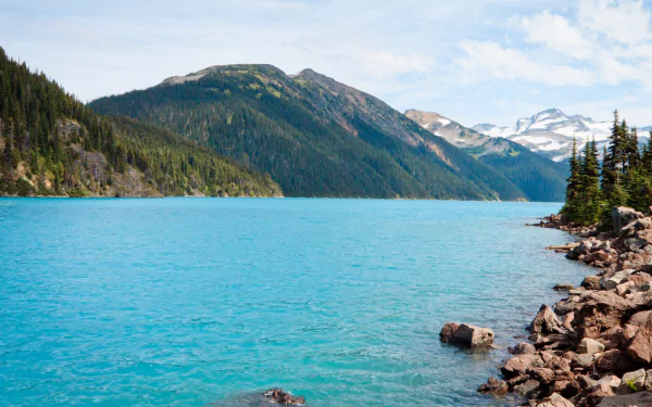 HD PC desktop wallpaper and background: nature scene of turquoise Garibaldi Lake framed by a rocky shore and forested mountains under a partly cloudy sky.