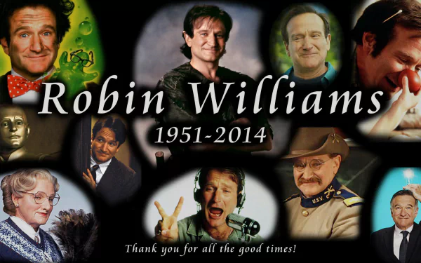 HD desktop wallpaper tribute to Robin Williams, featuring a collage of his various iconic roles and characters.