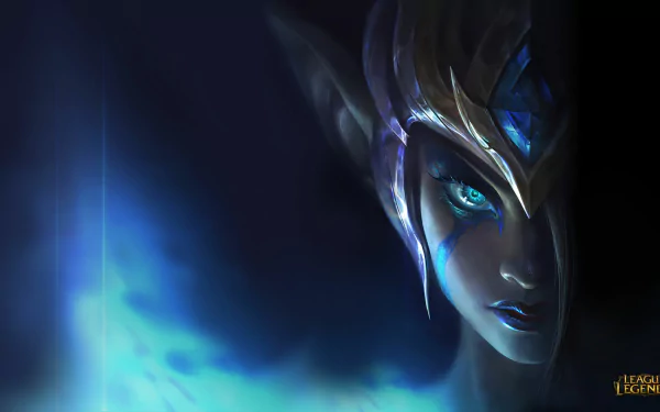 HD desktop wallpaper featuring Morgana from League of Legends, depicted with glowing blue eyes in a dark, mysterious Demacian setting.