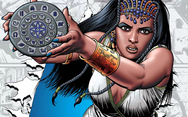 HD PC desktop wallpaper featuring a dynamic comic-style illustration from Dial H, showing a fierce woman holding a detailed, symbolic dial device.