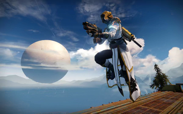 A Destiny video game character in futuristic armor jumps with a weapon against a vast sky and large planet backdrop, rendered in 8K Ultra HD for PC desktop wallpaper.