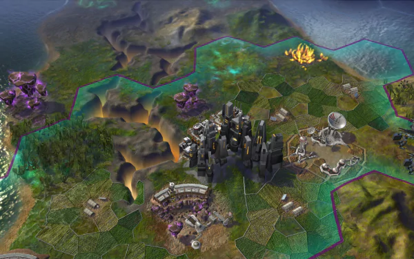 HD wallpaper featuring a scene from Civilization: Beyond Earth with futuristic cities and terrain marked by hexagonal borders.