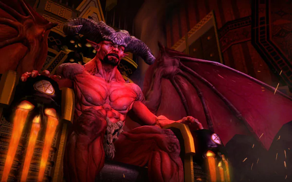 HD PC desktop wallpaper featuring a muscular demon with wings and horns from the video game Saints Row: Gat Out Of Hell, set against a dark, fiery background.
