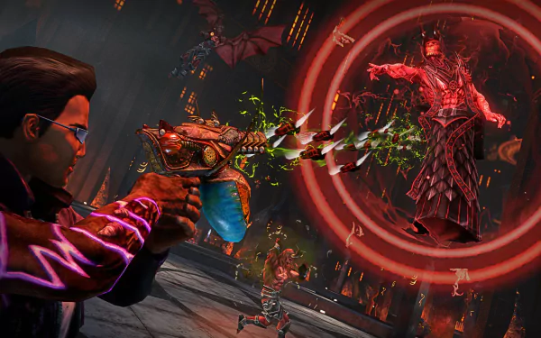 HD PC desktop wallpaper from the video game Saints Row: Gat Out Of Hell, showcasing intense action with a character wielding a weapon against fiery enemies.