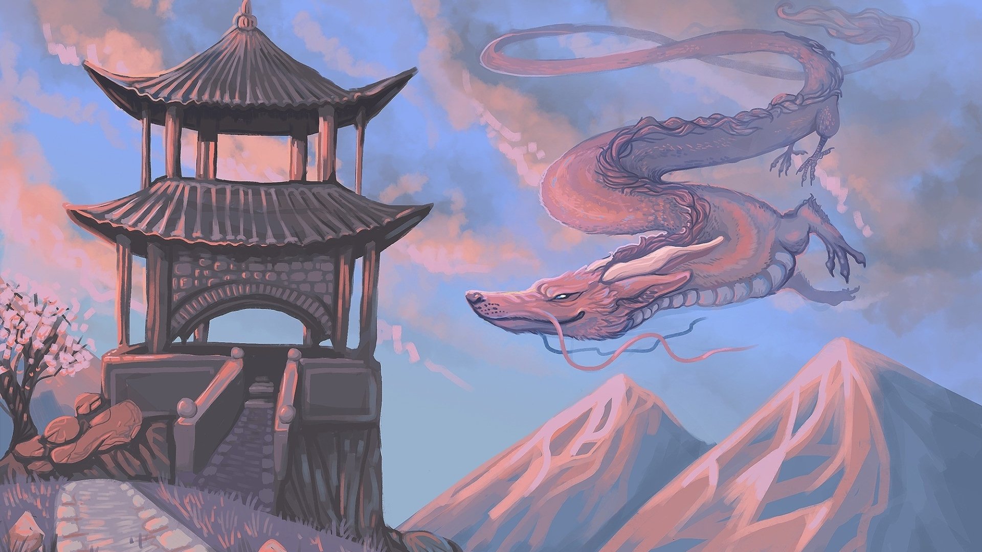 HD PC desktop wallpaper featuring a fantasy scene with a majestic dragon soaring near a traditional pagoda against a backdrop of snow-capped mountains and a colorful sky.