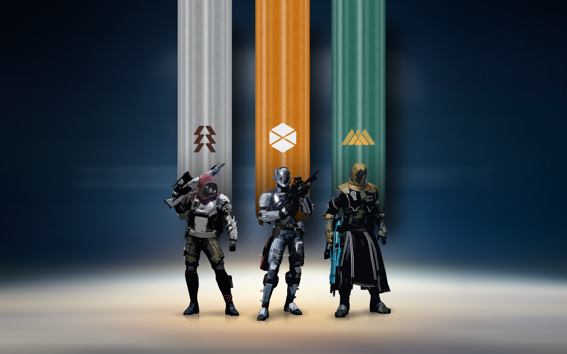 HD PC desktop wallpaper of Destiny (video game): three Guardians (Titan, Hunter, Warlock) standing beneath vertical colored light sigils on a minimalist backdrop.