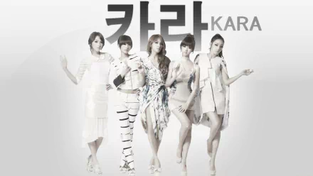HD PC desktop wallpaper featuring the Korean K-Pop girl group KARA posing against a light background, showcasing their stylish music and fashion.