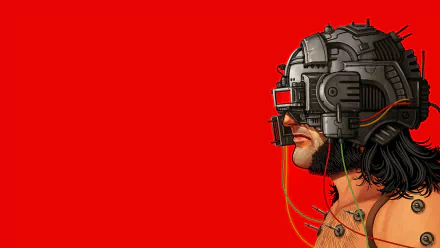 Comic-style Weapon X profile with cybernetic helmet and cables on vivid red HD PC desktop wallpaper/background.