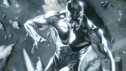 Comic Silver Surfer in metallic sheen, lunging through floating cosmic debris with glowing surf trail — high-definition PC desktop wallpaper/background featuring a dynamic, reflective figure.
