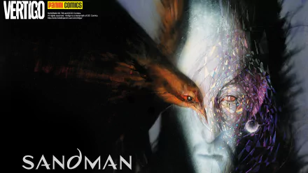 The Sandman comic HD PC wallpaper: surreal portrait of a pale, fragmented face blending into a bird and shadowy, dreamlike textures.