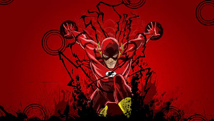HD desktop wallpaper featuring DC Comics character Flash; the image shows the Flash in his red costume, set against a dynamic red and black background.