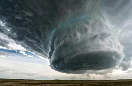 HD desktop wallpaper featuring a dramatic tornado forming under a massive, dark storm cloud over a vast plain.