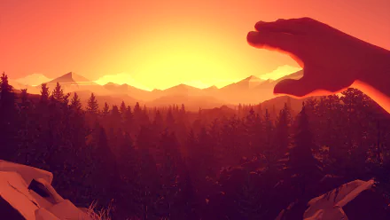 HD PC desktop wallpaper from the video game Firewatch, showing a hand reaching toward a vibrant sunset over a forested mountain landscape.