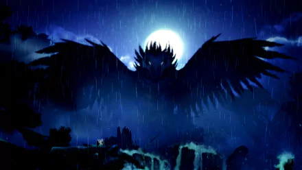 A captivating HD desktop wallpaper from Ori and the Blind Forest, featuring a powerful, shadowy figure with large wings against a moonlit backdrop and falling rain.