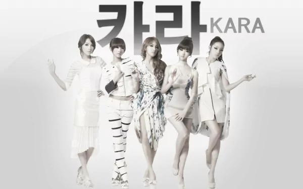 HD PC desktop wallpaper featuring the Korean K-Pop girl group KARA posing against a light background, showcasing their stylish music and fashion.