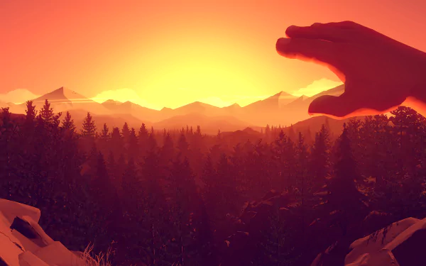 HD PC desktop wallpaper from the video game Firewatch, showing a hand reaching toward a vibrant sunset over a forested mountain landscape.