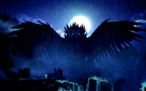 A captivating HD desktop wallpaper from Ori and the Blind Forest, featuring a powerful, shadowy figure with large wings against a moonlit backdrop and falling rain.