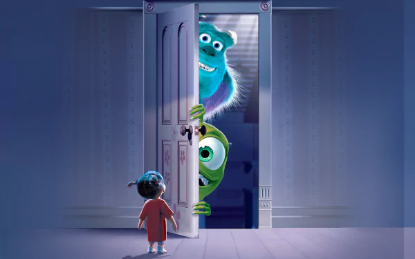 A vibrant HD desktop wallpaper featuring iconic characters from Monsters, Inc. as they peek through a door, capturing a whimsical moment of surprise and friendship.