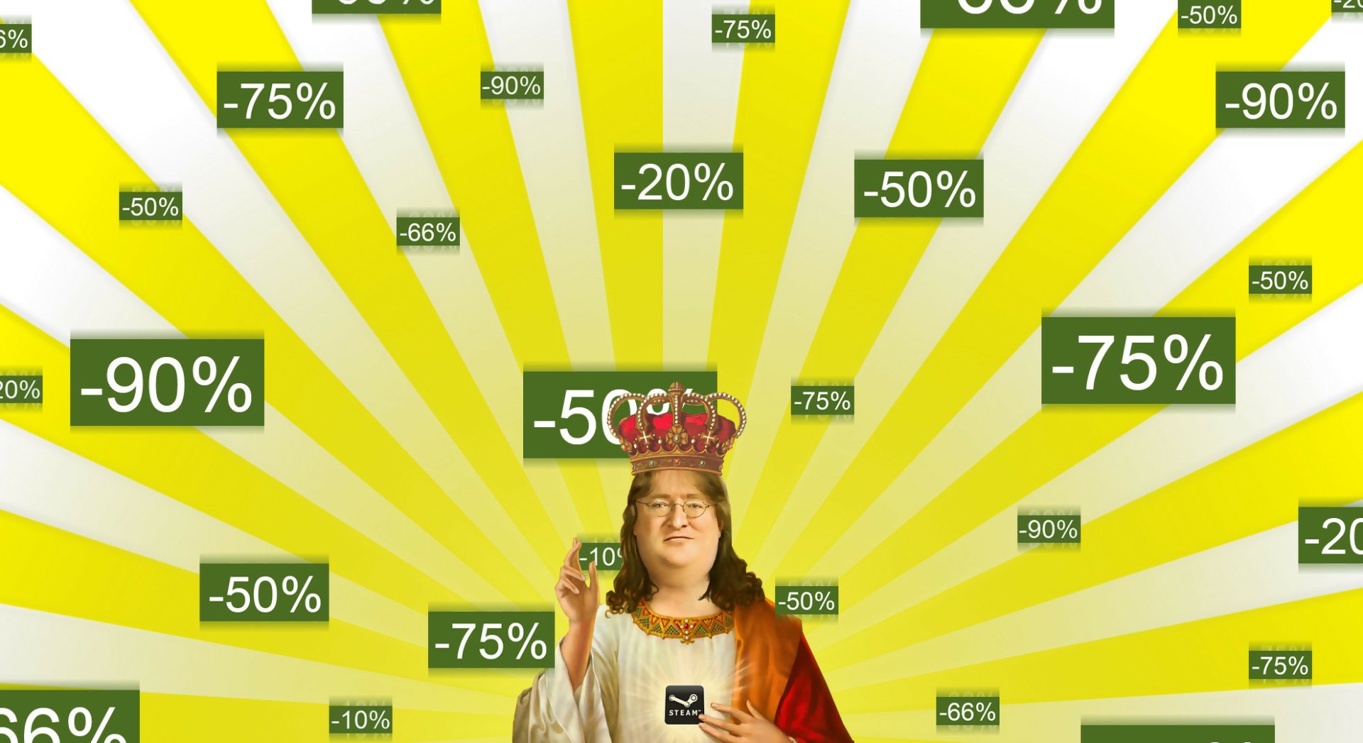 Funny HD PC desktop wallpaper of a crowned technology-king figure with a Steam logo on his robe, yellow sunbeams and floating green sale tags (-75%, -50%, -90%) spoofing Steam sales.