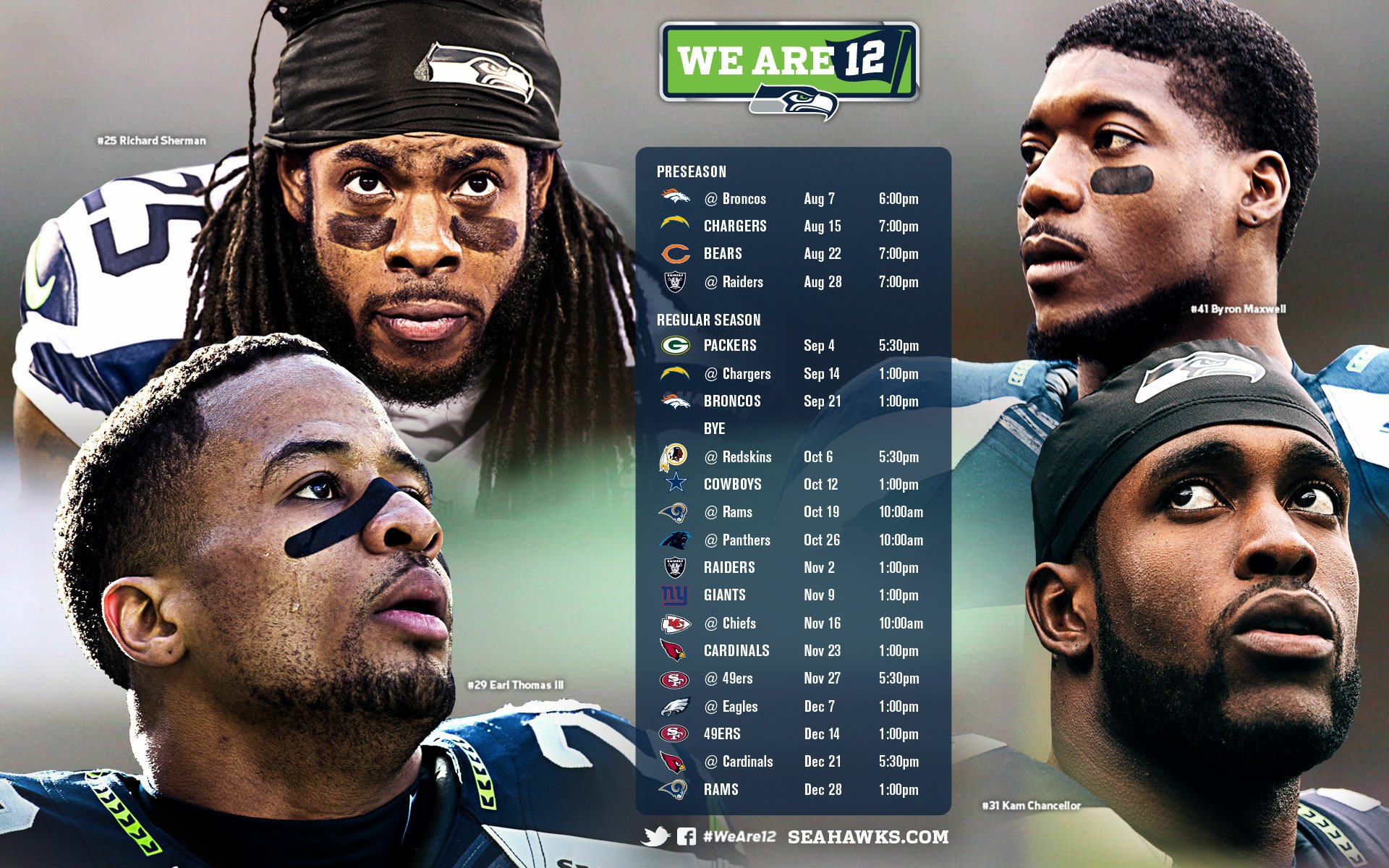 HD PC desktop wallpaper featuring prominent Seattle Seahawks players with the 2023 season schedule displayed in the center, highlighting key dates and matchups.