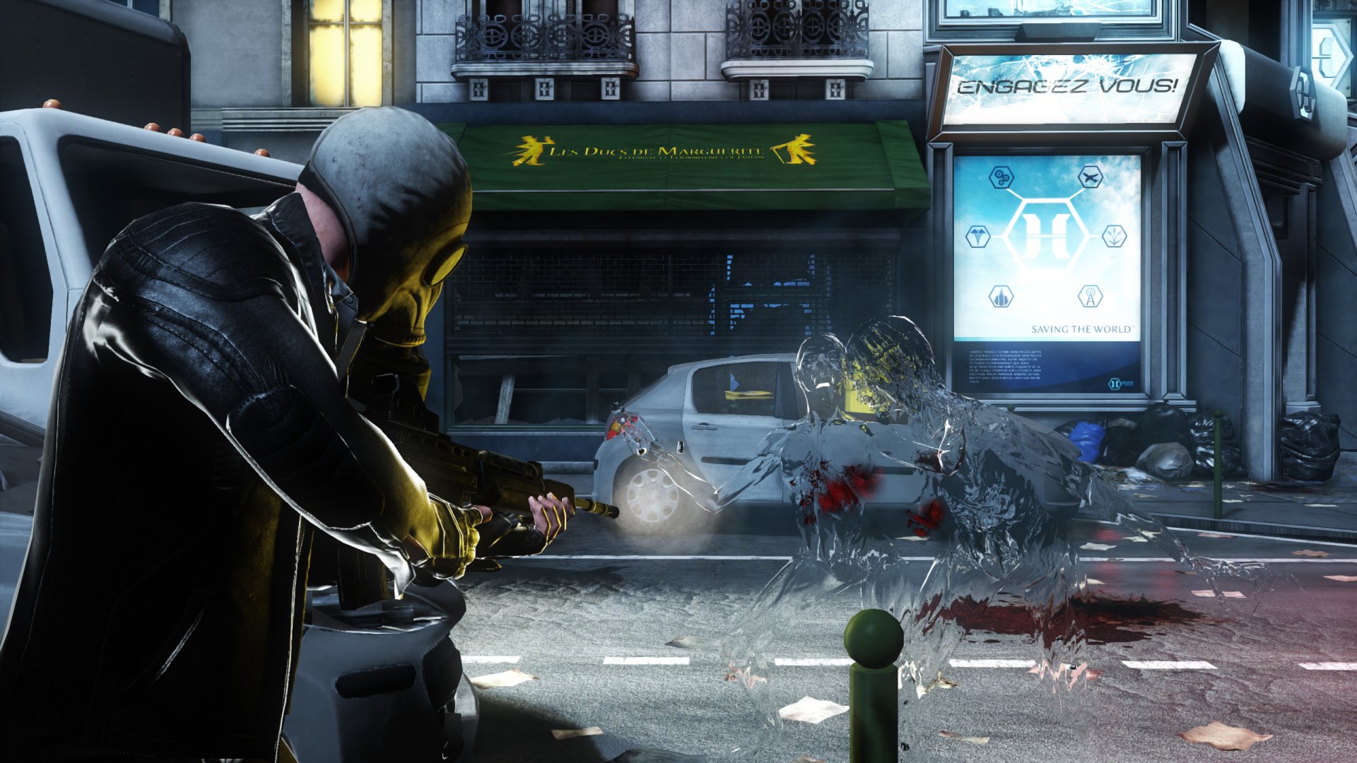 HD PC desktop wallpaper from the video game Killing Floor 2, depicting an intense urban combat scene with a character firing at a grotesque enemy on a city street.