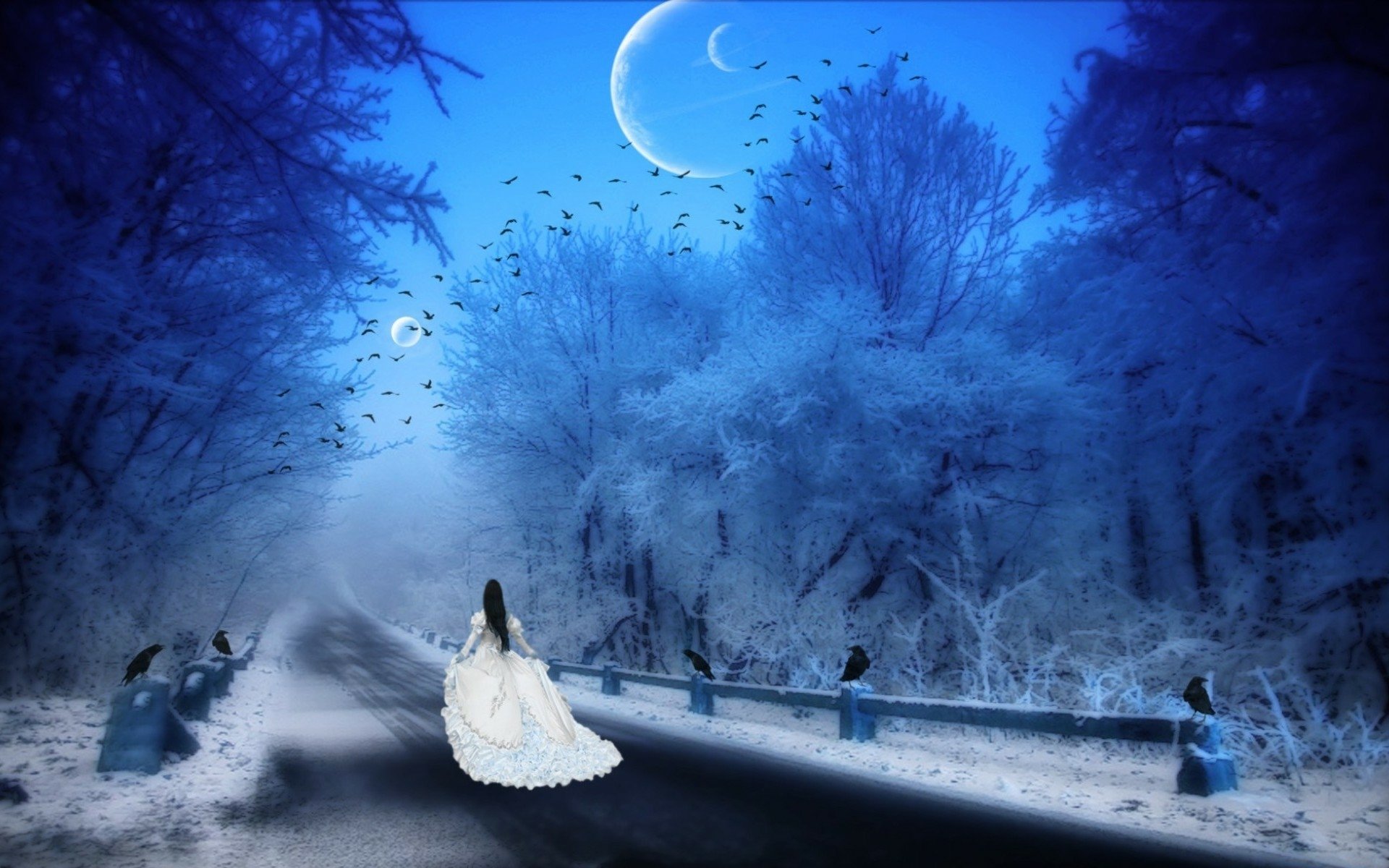 Download Road Crow Dress Fantasy Woman  HD Wallpaper