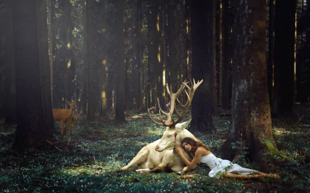 Artistic HD wallpaper of a serene forest with a woman resting beside a majestic deer. The tranquil setting is enhanced by the soft light filtering through the trees.
