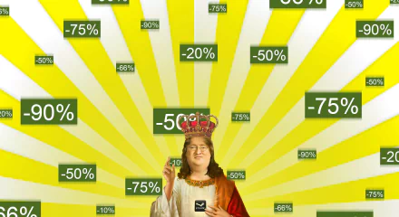 Funny HD PC desktop wallpaper of a crowned technology-king figure with a Steam logo on his robe, yellow sunbeams and floating green sale tags (-75%, -50%, -90%) spoofing Steam sales.