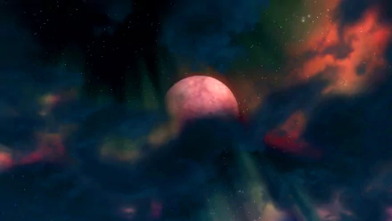 A stunning HD desktop wallpaper featuring a vibrant moon against a backdrop of swirling clouds and stars, inspired by The Elder Scrolls V: Skyrim and The Elder Scrolls series.