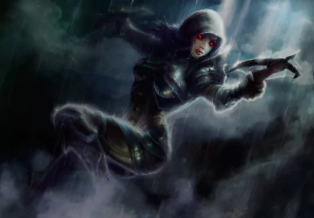 Dark fantasy HD wallpaper of a Demon Hunter woman warrior from Diablo III, with glowing red eyes and weapon, set in a shadowy, ominous environment.