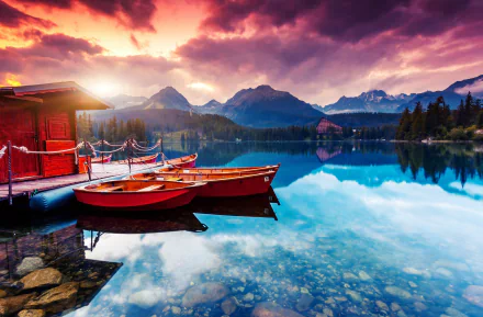 Slovakia High Tatras sunset mountain lake vehicle boat HD Desktop Wallpaper | Background Image