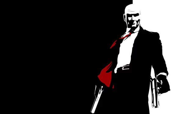 HD PC desktop wallpaper featuring a stylized, high-contrast image of Agent 47 from the video game Hitman, holding dual pistols against a black background.