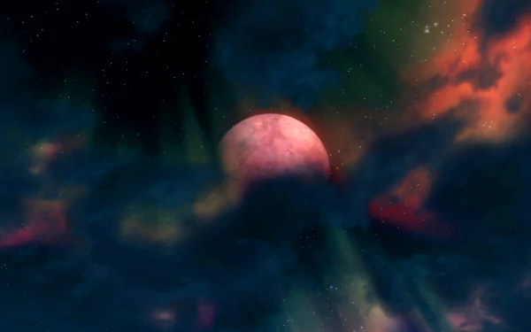 A stunning HD desktop wallpaper featuring a vibrant moon against a backdrop of swirling clouds and stars, inspired by The Elder Scrolls V: Skyrim and The Elder Scrolls series.