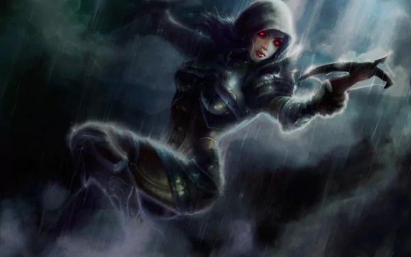Dark fantasy HD wallpaper of a Demon Hunter woman warrior from Diablo III, with glowing red eyes and weapon, set in a shadowy, ominous environment.