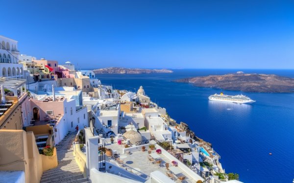 Man Made Santorini Towns Greece Sea Island Cruise Ship HD Wallpaper | Background Image