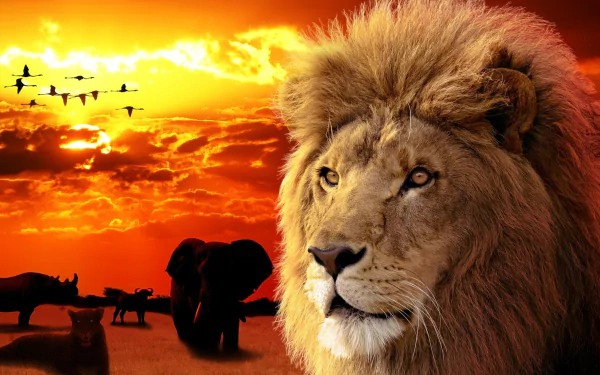 An HD desktop wallpaper featuring a majestic lion in the foreground with elephants and other animals silhouetted against a vibrant sunset backdrop.