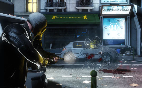 HD PC desktop wallpaper from the video game Killing Floor 2, depicting an intense urban combat scene with a character firing at a grotesque enemy on a city street.